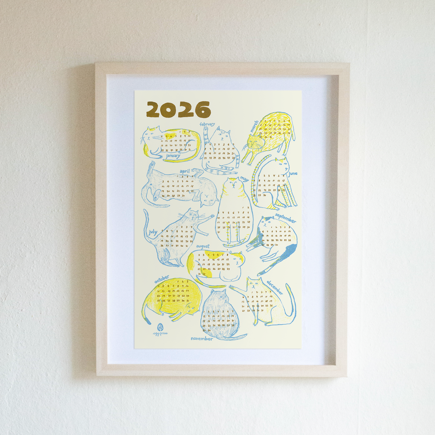 Cats 2026 Calendar Illustrated Risograph Print