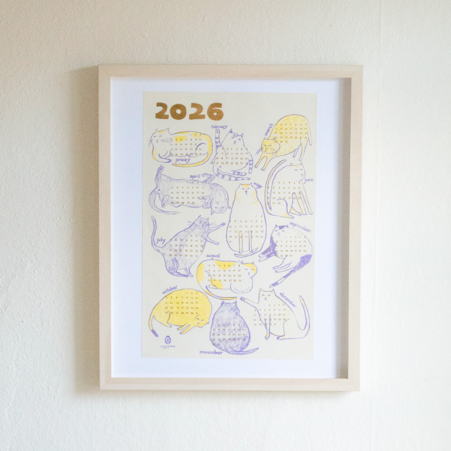 Cats 2026 Calendar Illustrated Risograph Print