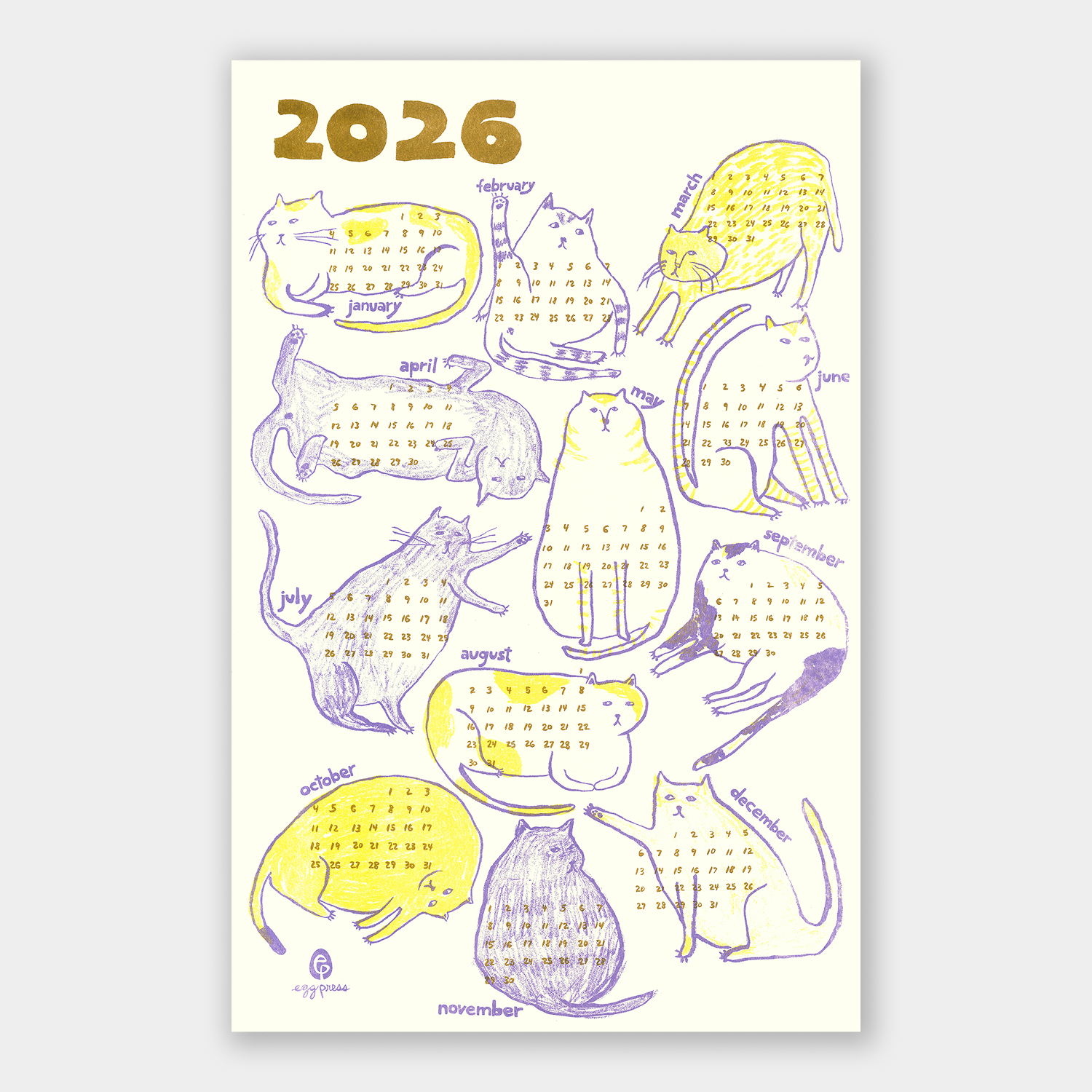 Cats 2026 Calendar Illustrated Risograph Print