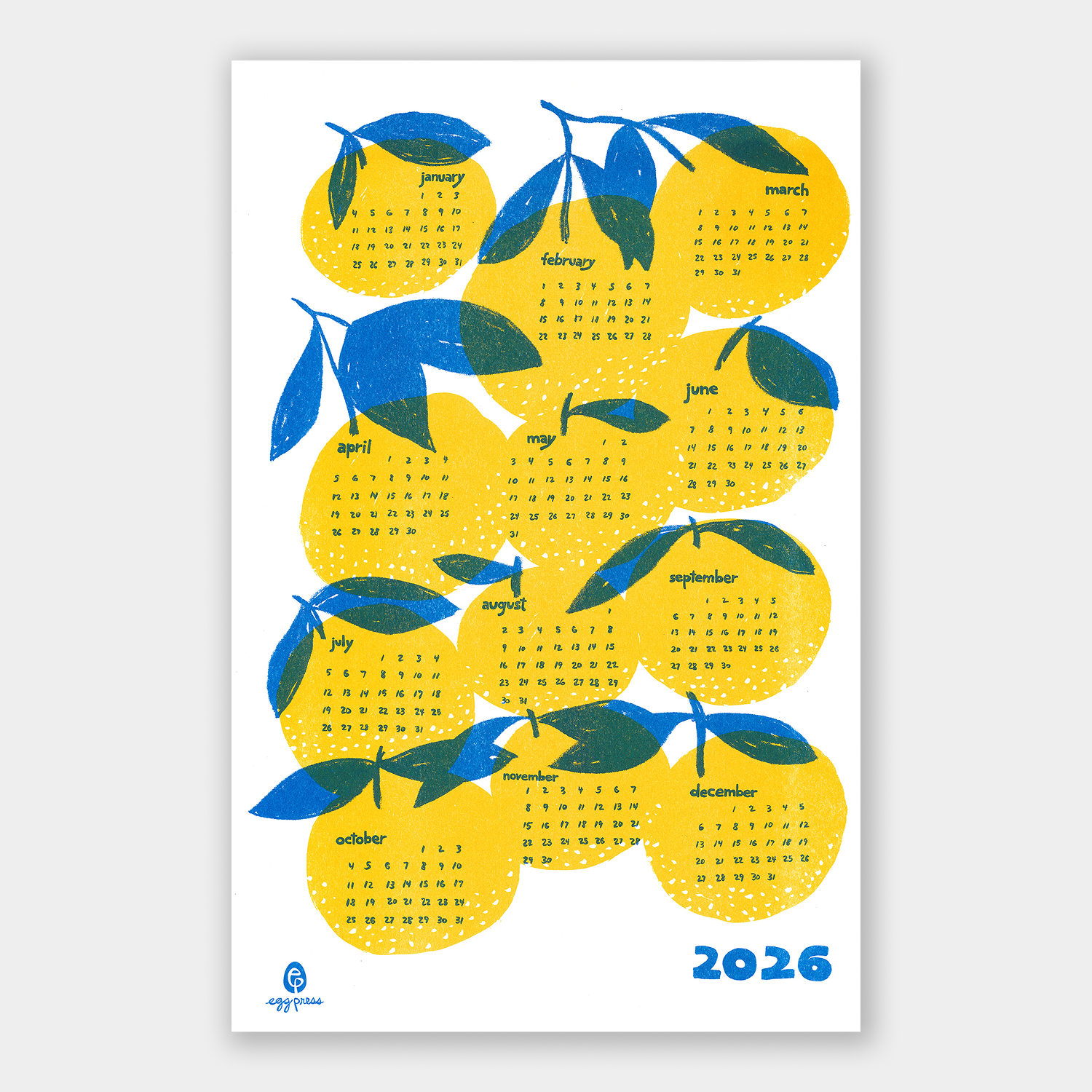 Oranges 2026 Calendar Illustrated Risograph Print