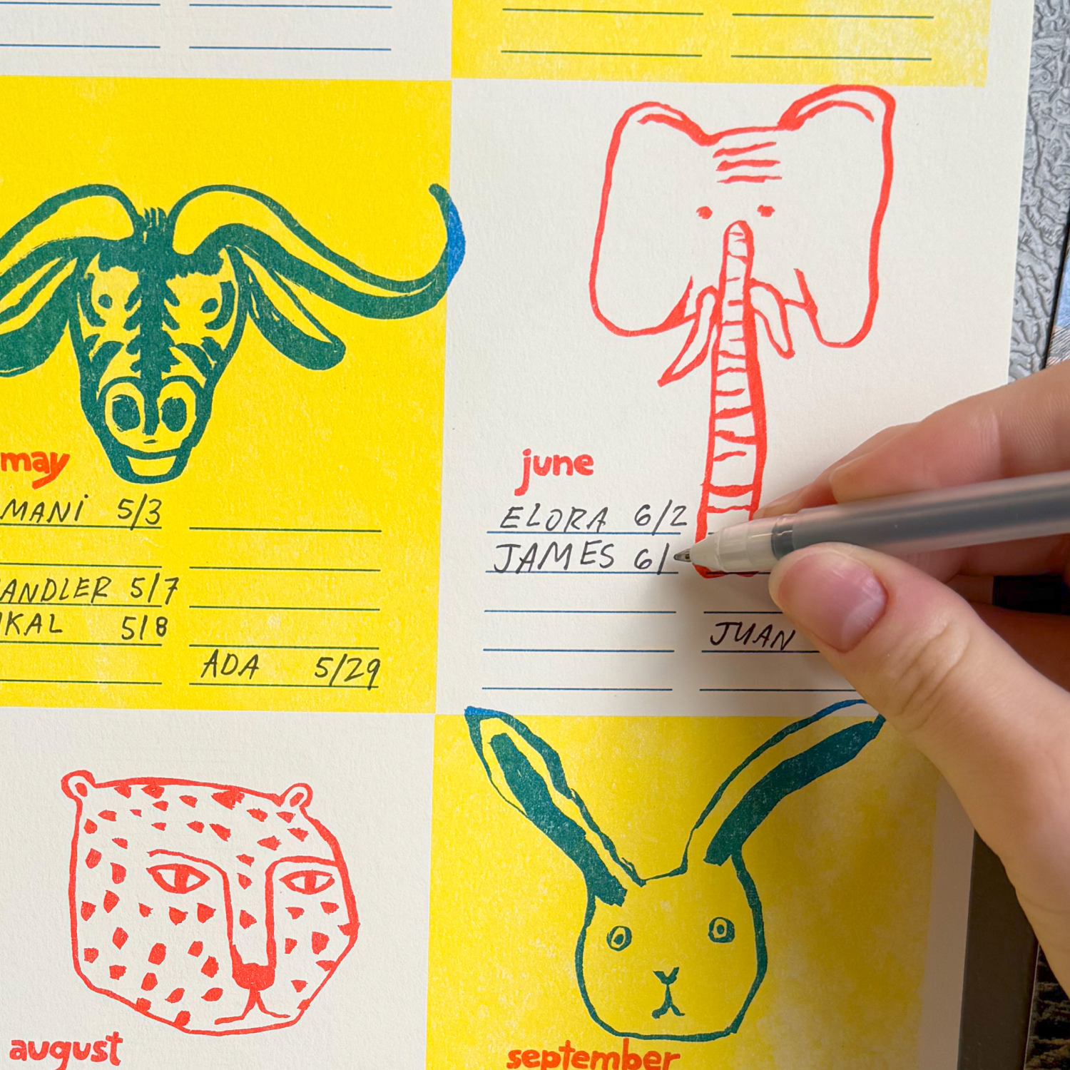 Birthday Tracker Calendar Calendar Illustrated Risograph Print