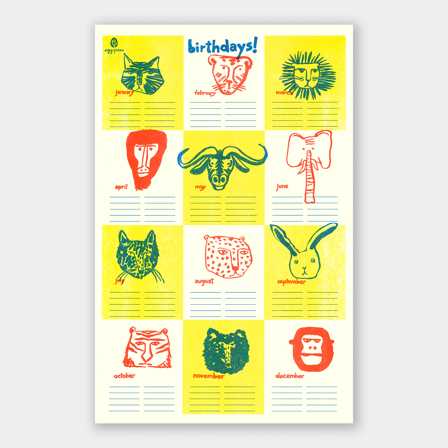 Birthday Tracker Calendar Calendar Illustrated Risograph Print