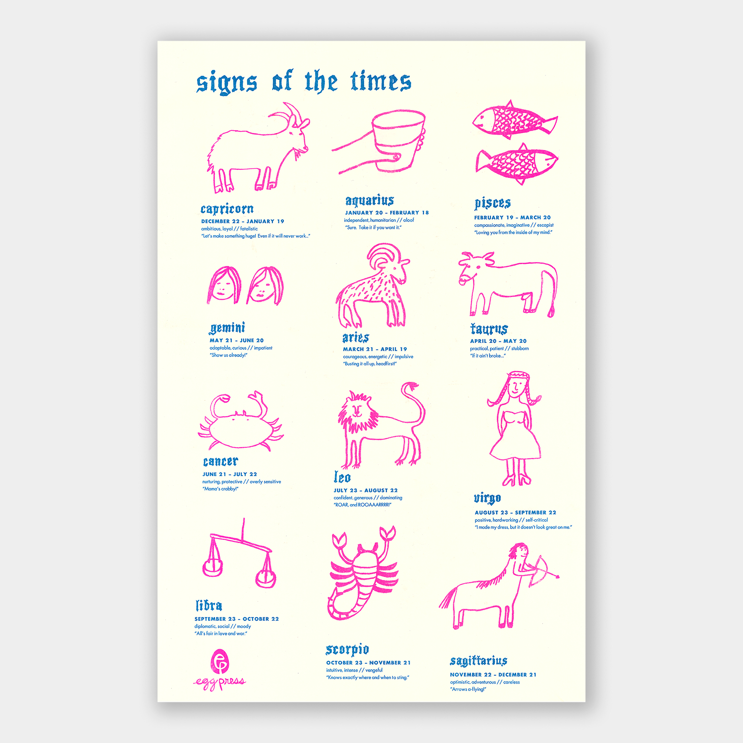 Zodiac Signs Illustrated Risograph Print