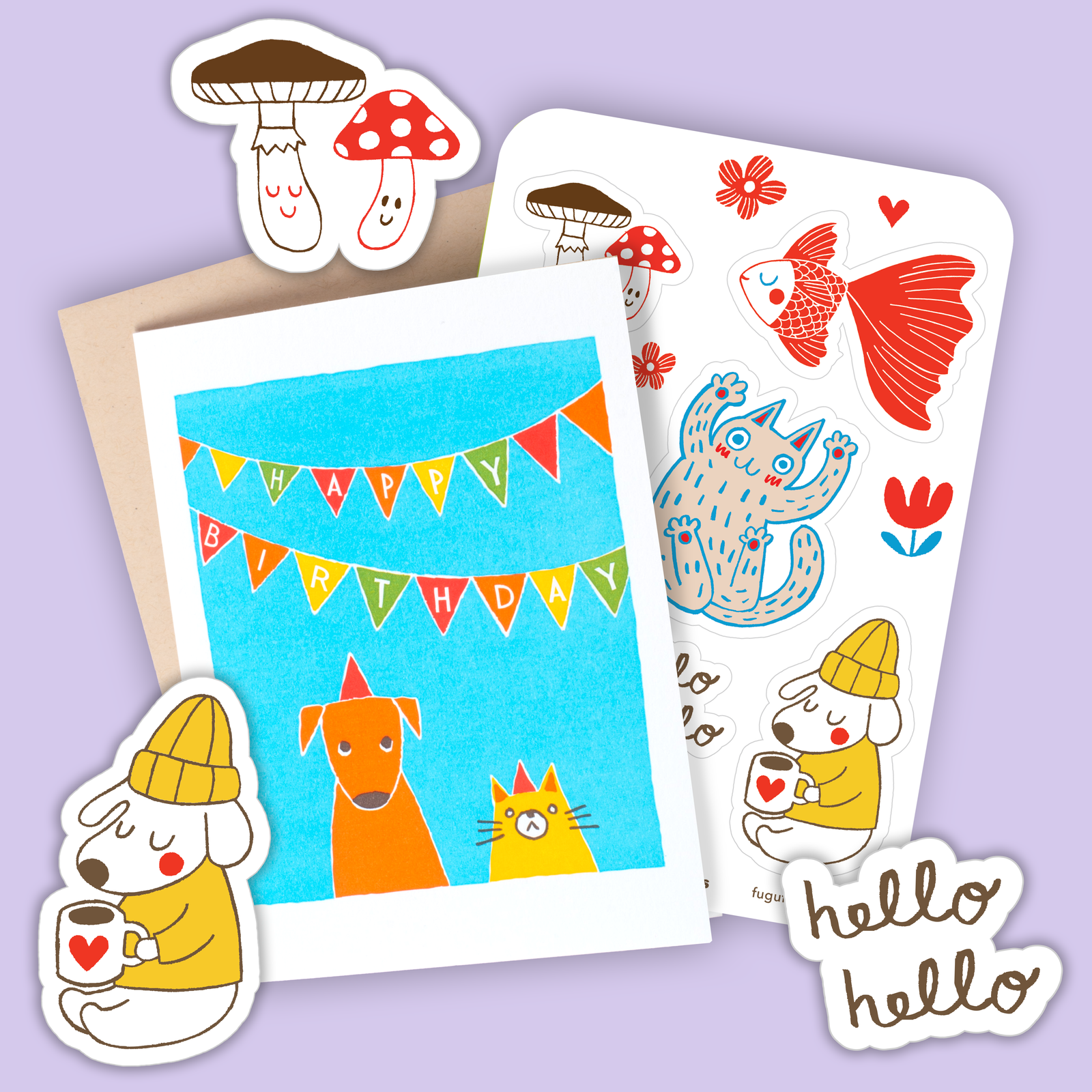 Card & Sticker Sheet Set - Cat & Dog Bday