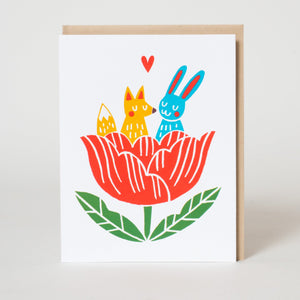 tulip fox & bunny letterpress greeting card