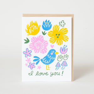 i love you bird floral letterpress greeting card